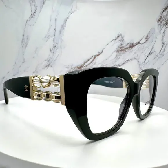 New CHANEL Eyeglasses Black Gold Cat Eye Clear Rotating Pearls 52mm - Picture 14 of 15